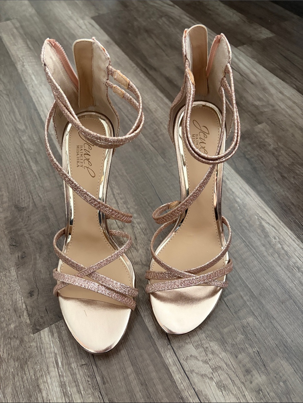 Jewel Badgley Mischka Metallic Rose Gold Strappy Glimmer Heels